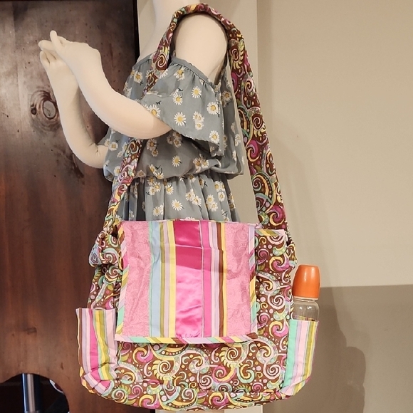 THE LAND OF WHIMZIE Handbags - Pink and Brown Baby Diaper Bags with Stripes and Floral Patterns